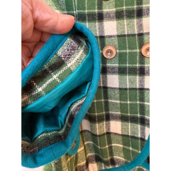 Anthropologie Tabitha Green Plaid Double-Breasted Jacket S Wool Blend Teal Trim - Picture 5 of 7